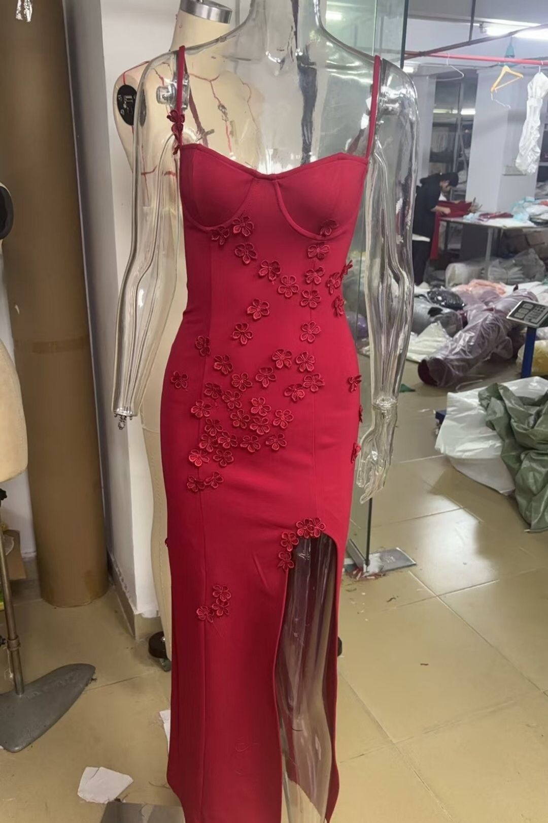 Strapless Three-dimensional Flower Slit Long Dress