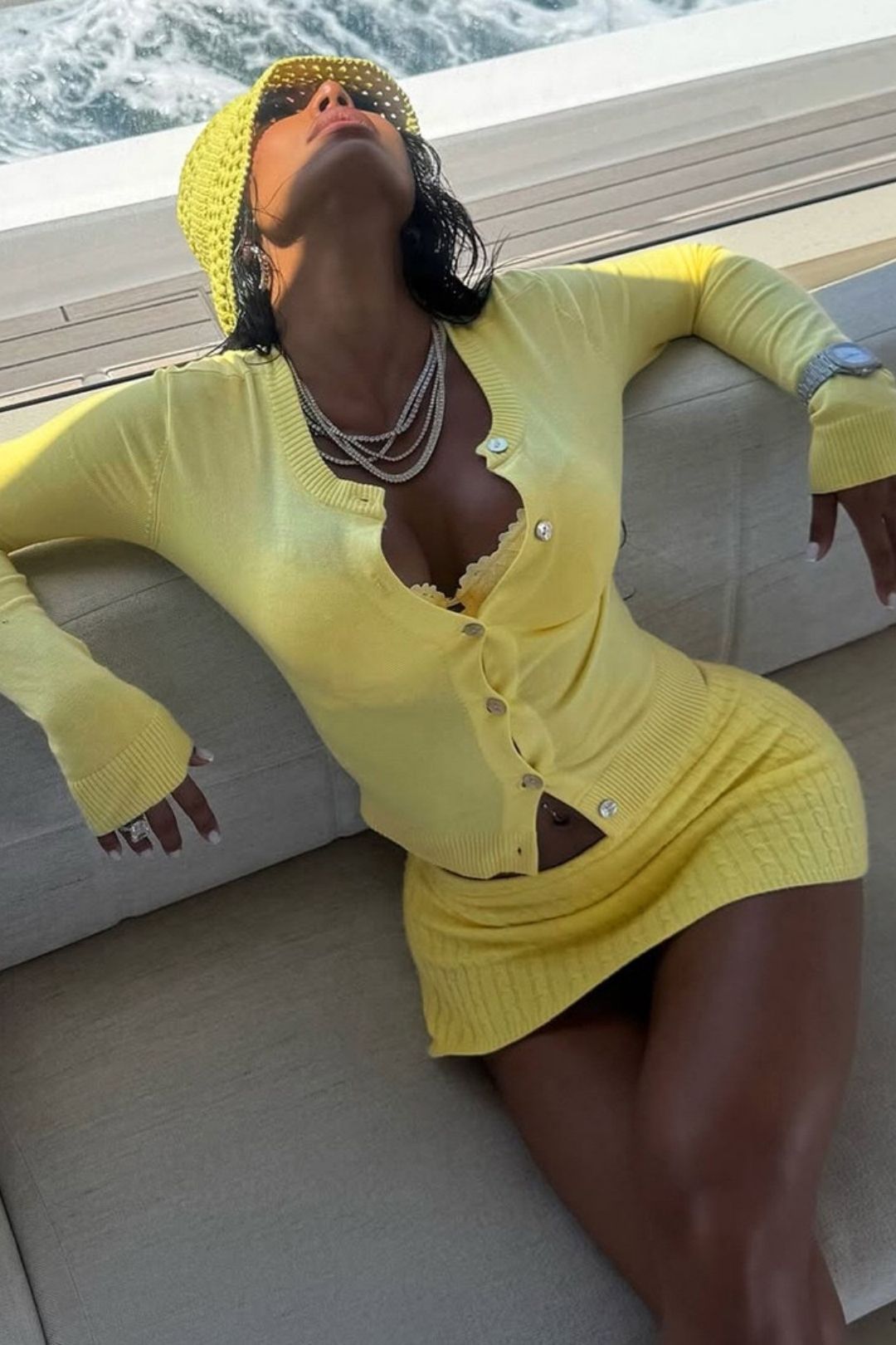 Street Knitted Button Round Neck Top Hip Skirt Suit