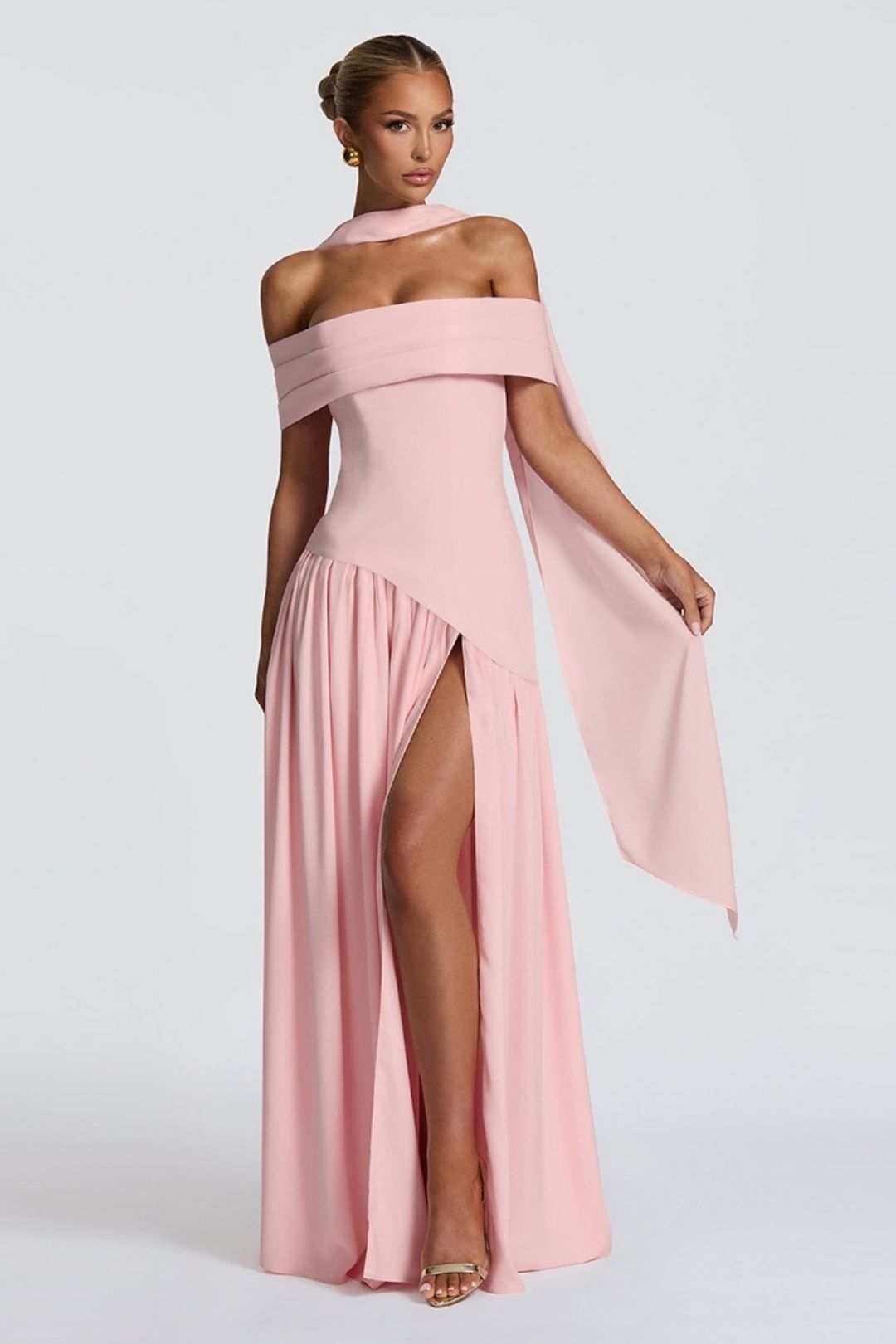 Sexy Backless Slim Solid Color Scarf Collar Slit One Shoulder Dress