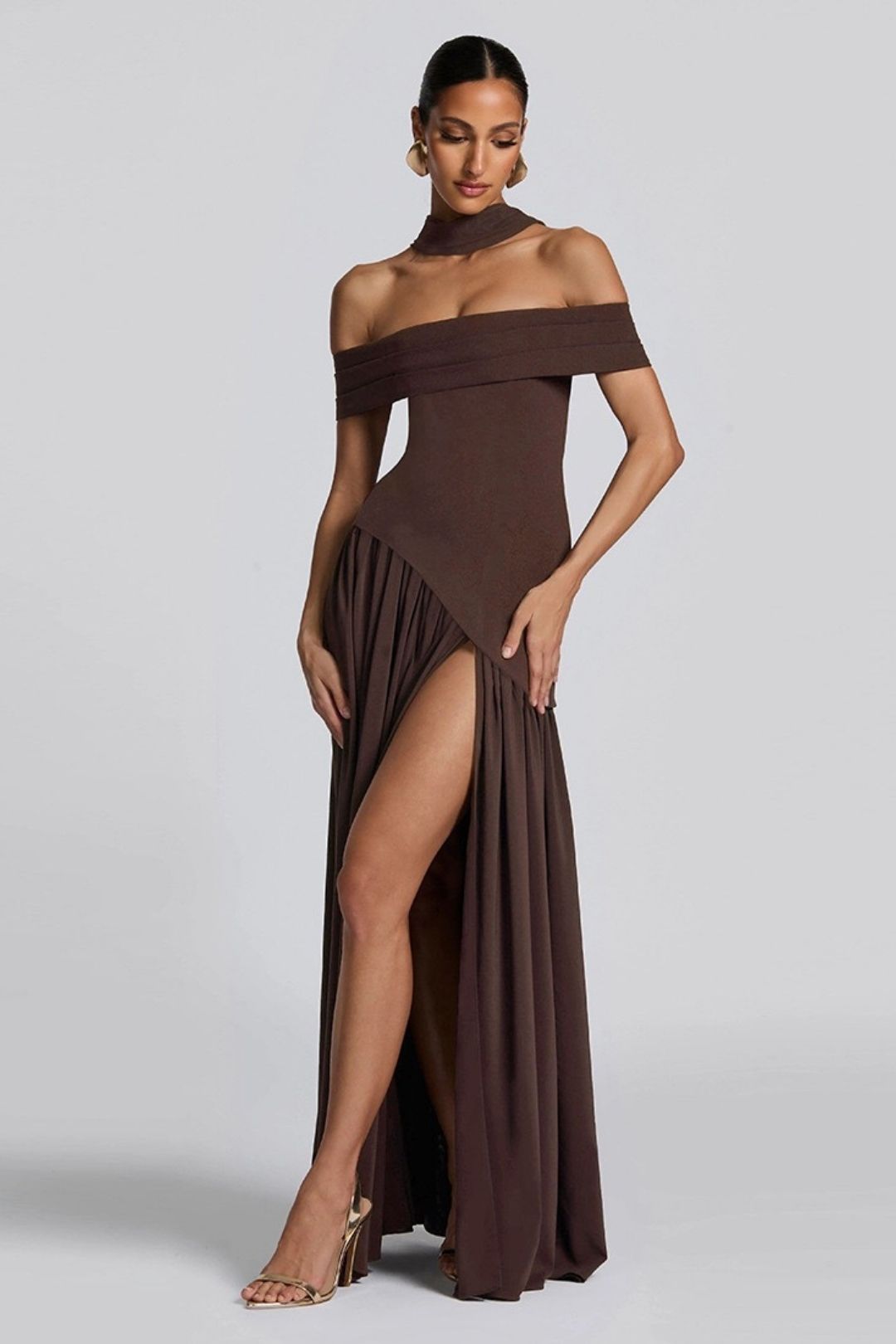 Sexy Backless Slim Solid Color Scarf Collar Slit One Shoulder Dress