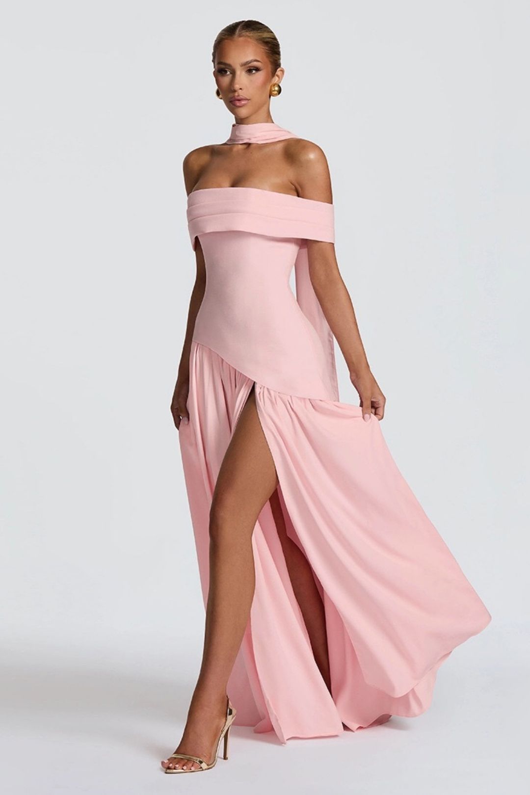 Sexy Backless Slim Solid Color Scarf Collar Slit One Shoulder Dress
