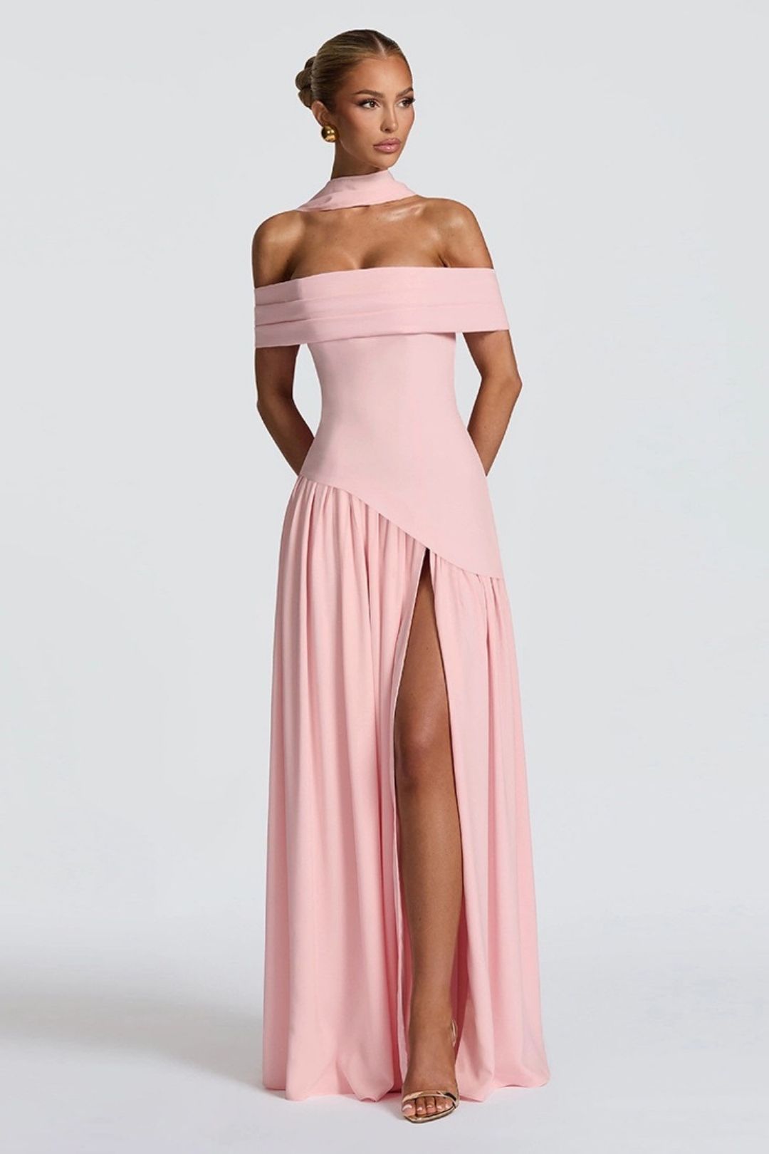 Sexy Backless Slim Solid Color Scarf Collar Slit One Shoulder Dress
