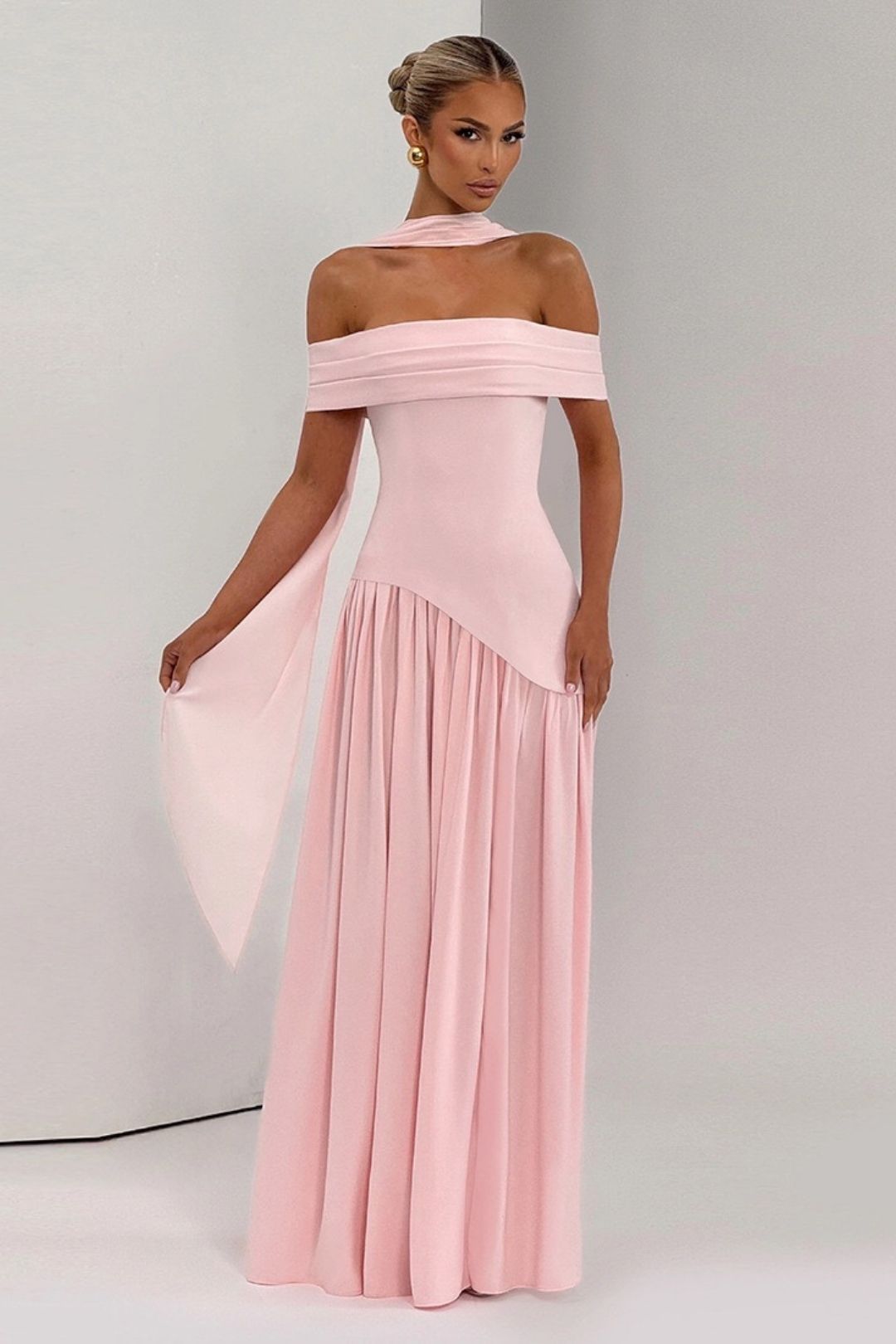 Sexy Backless Slim Solid Color Scarf Collar Slit One Shoulder Dress