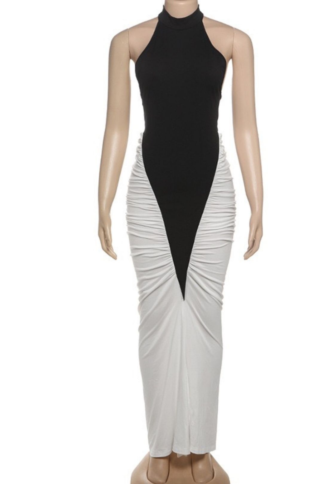 Sexy Halterneck Backless Pleated Contrast Color Slim Hip Dress