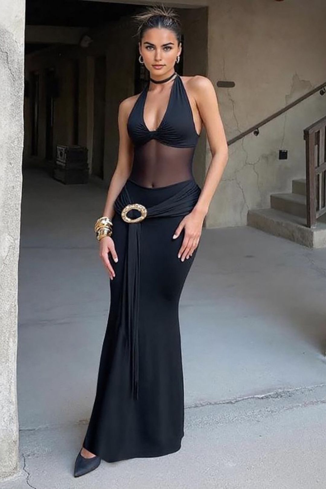 Sexy Mesh Splicing Semi-perspective Slim-fit Halter Neck Strap Dress