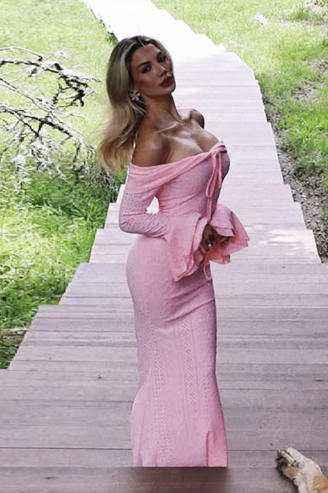 Solid Color Slim Bow One Shoulder Trumpet Sleeve Dress