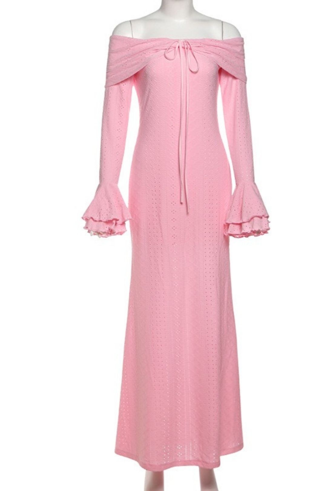 Solid Color Slim Bow One Shoulder Trumpet Sleeve Dress