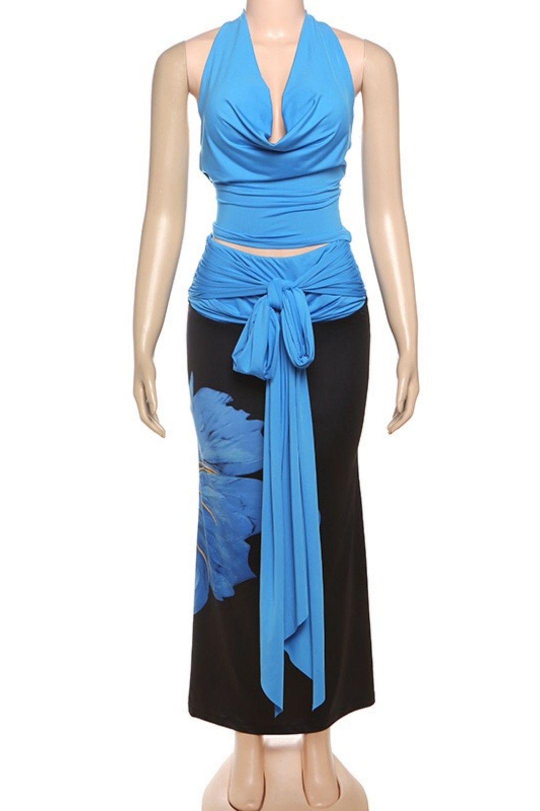 Sexy Halter Neck Slim Vest Contrast Color Print Strappy Skirt Suit