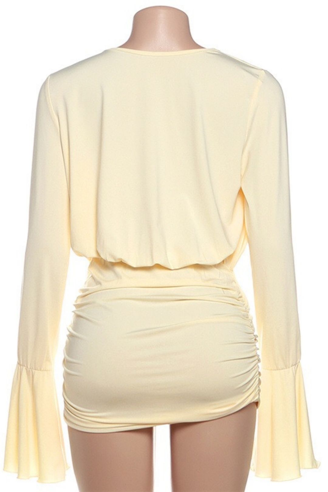 Sexy V-neck High Waist Slim Fit Pleated Hip Flared Sleeve Dress