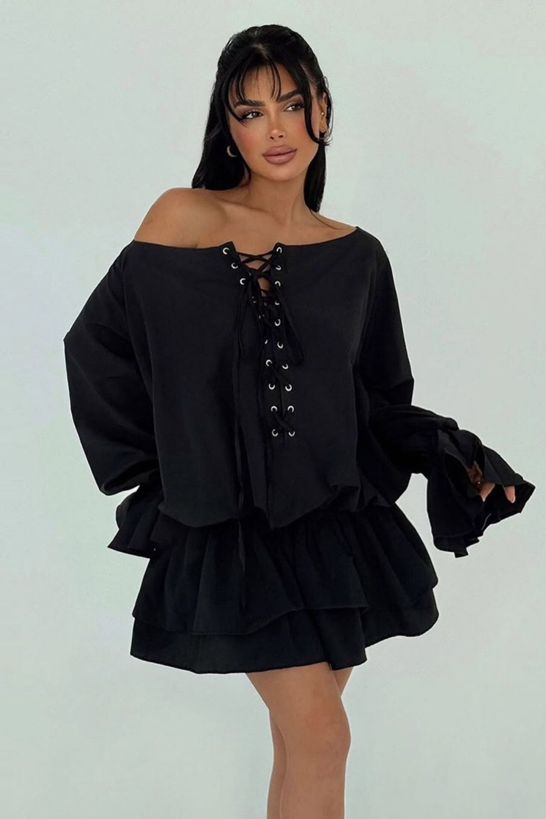 One-shoulder Backless Loose Lace Trumpet Sleeve Dress