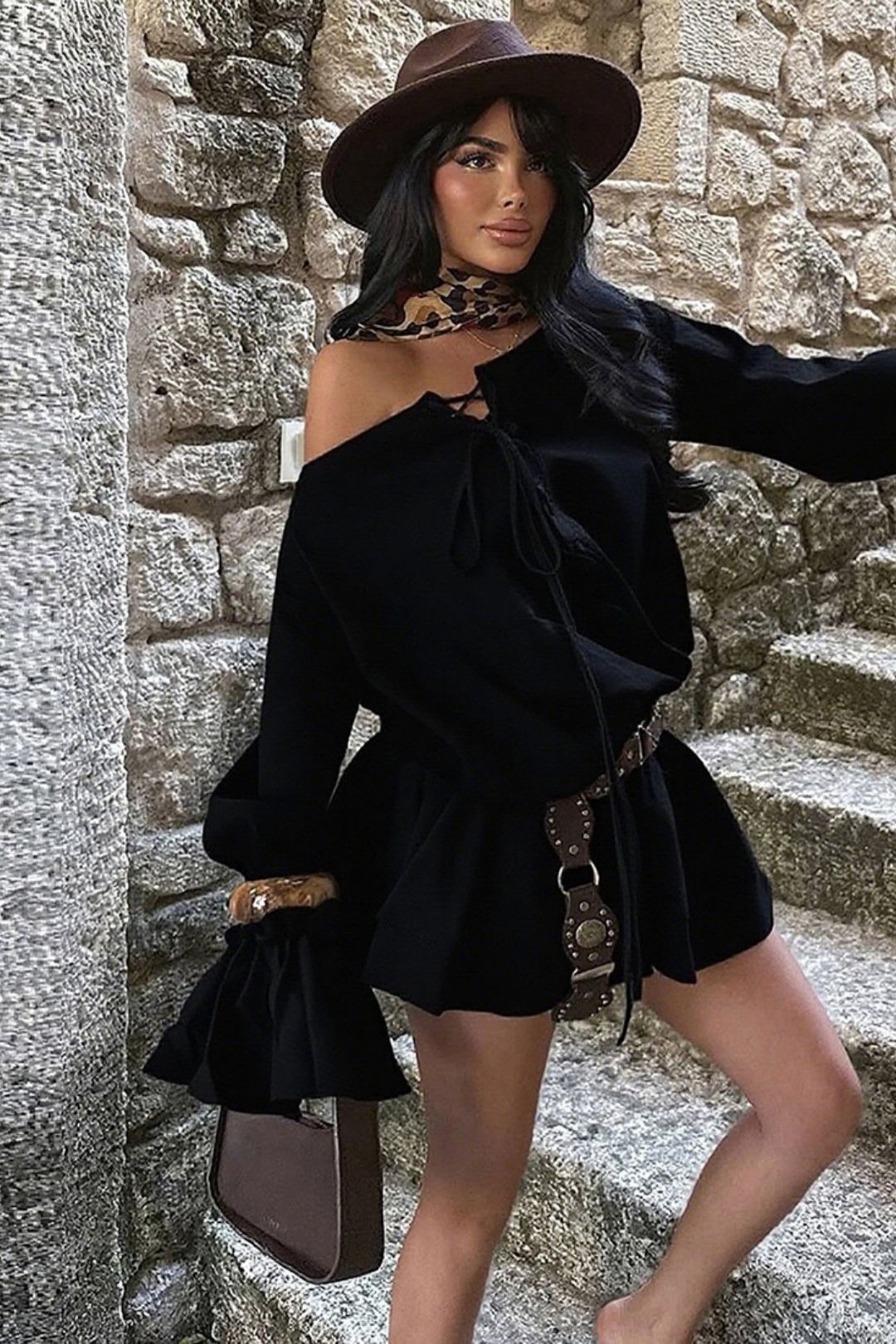 One-shoulder Backless Loose Lace Trumpet Sleeve Dress