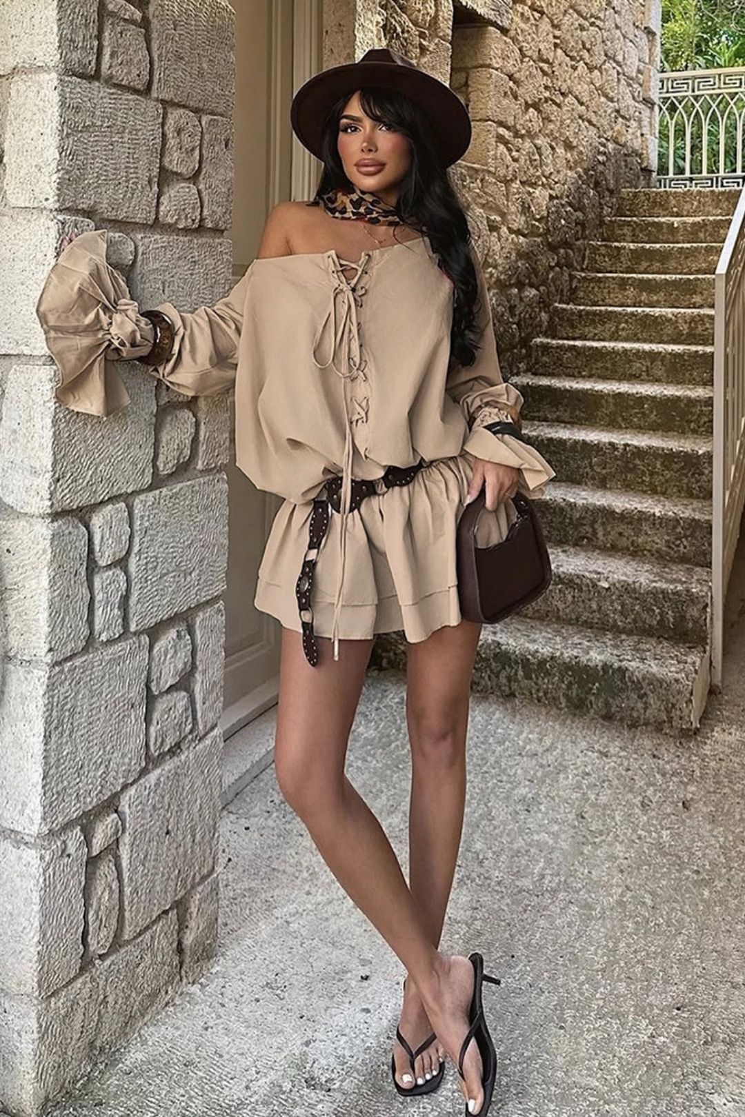 One-shoulder Backless Loose Lace Trumpet Sleeve Dress