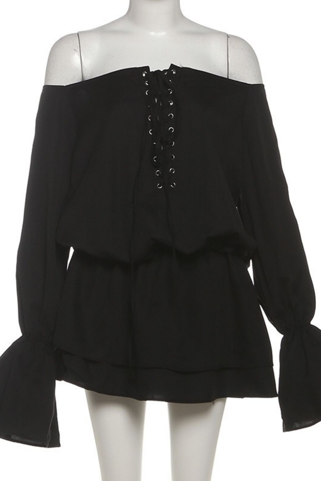 One-shoulder Backless Loose Lace Trumpet Sleeve Dress