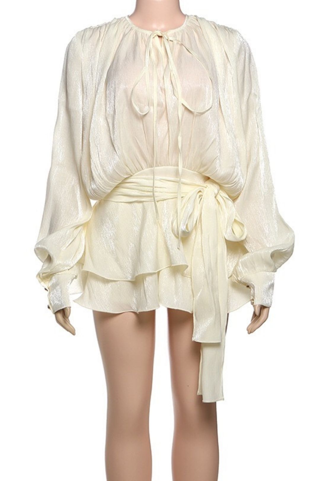 Round Neck Lace Long Sleeve Dress Solid Color Slim Shorts Two-piece Set