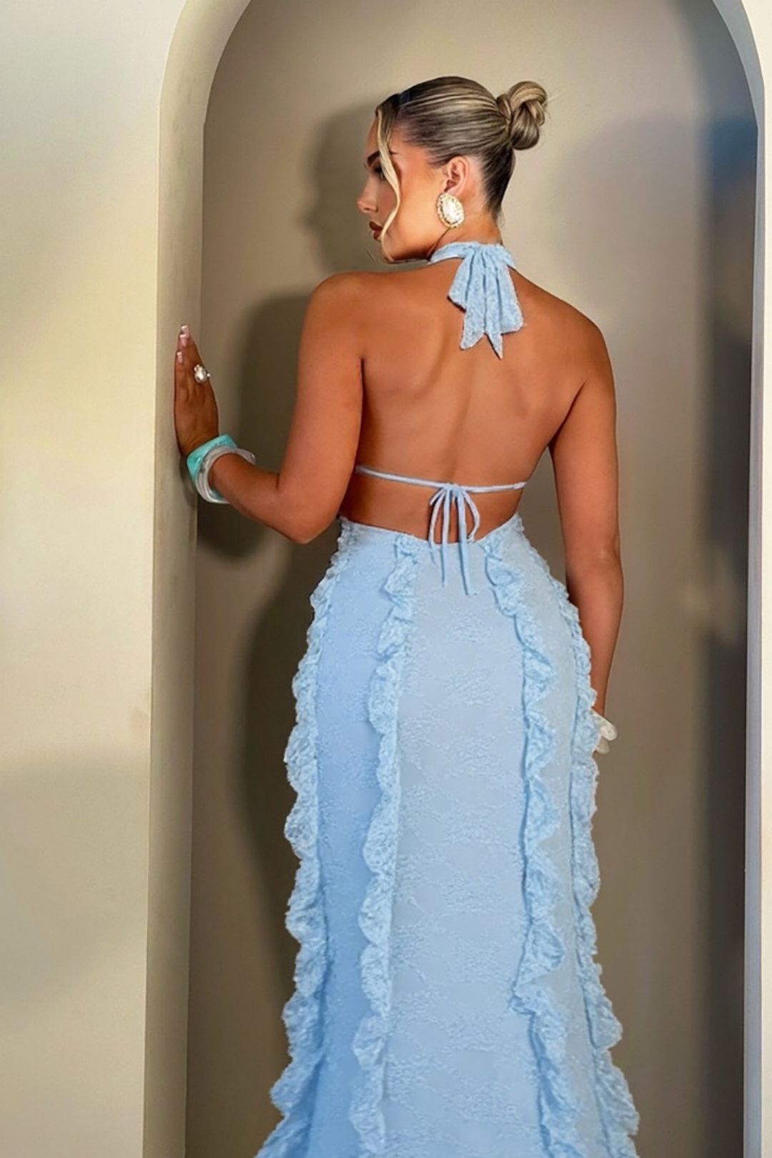 Sexy Deep V Neck Hollow Halter Neck Strap Lace Slit Dress