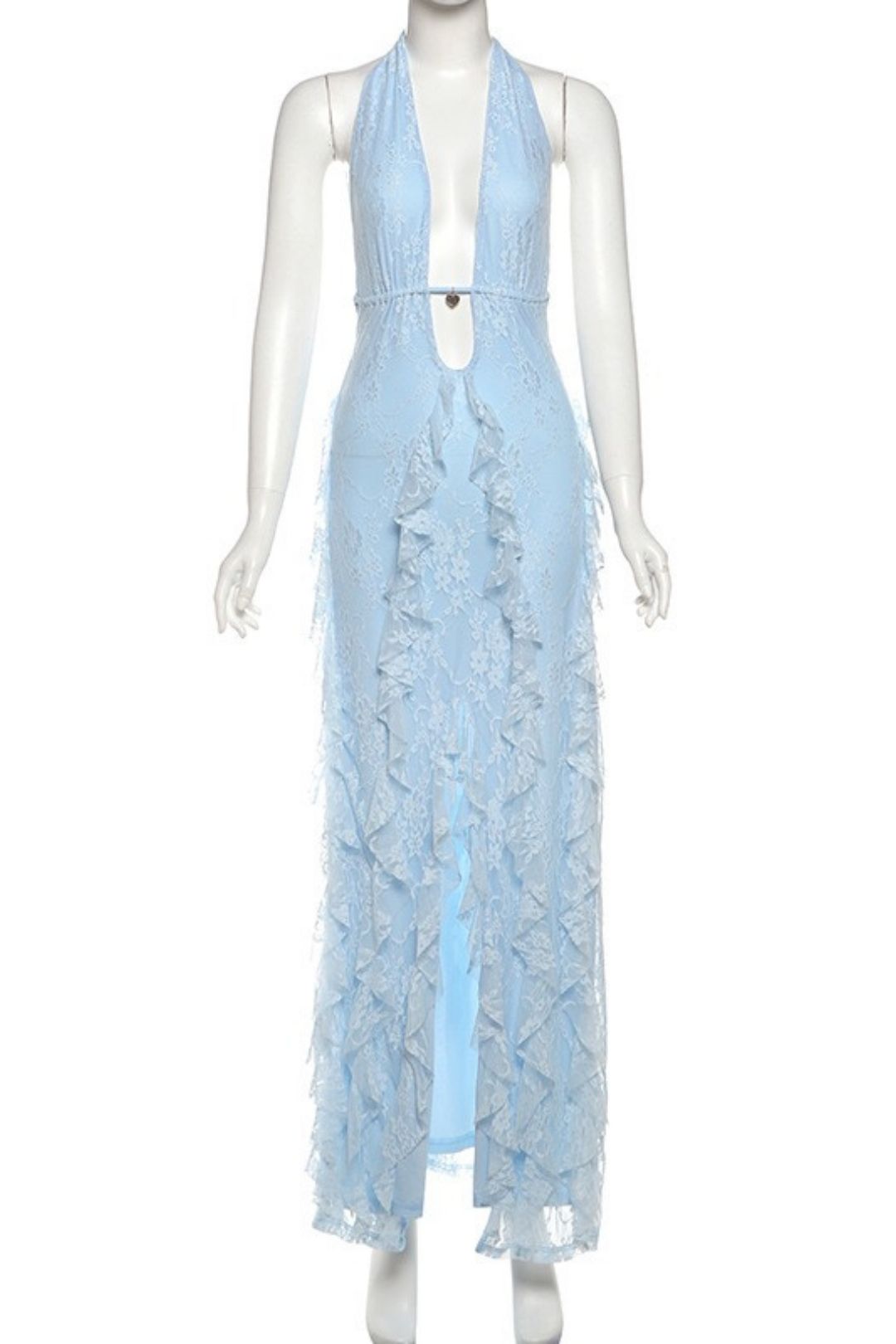 Sexy Deep V Neck Hollow Halter Neck Strap Lace Slit Dress