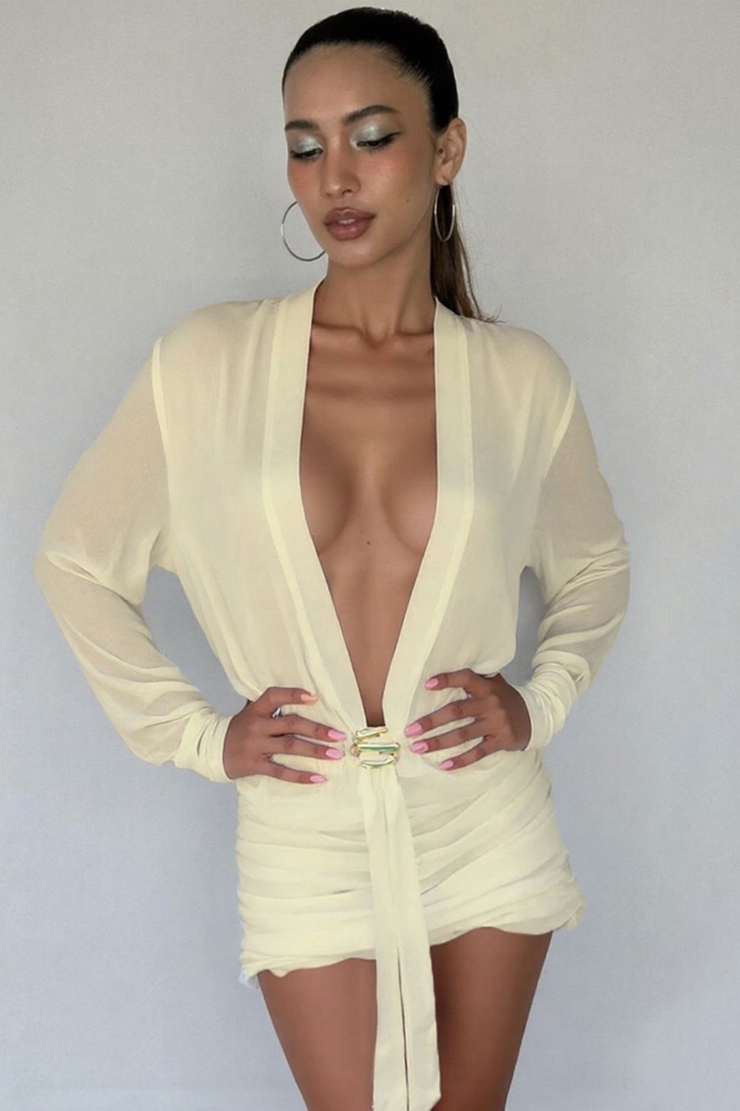 Sexy Deep V Neck Pleated Hip Long Sleeve Shirt Dress