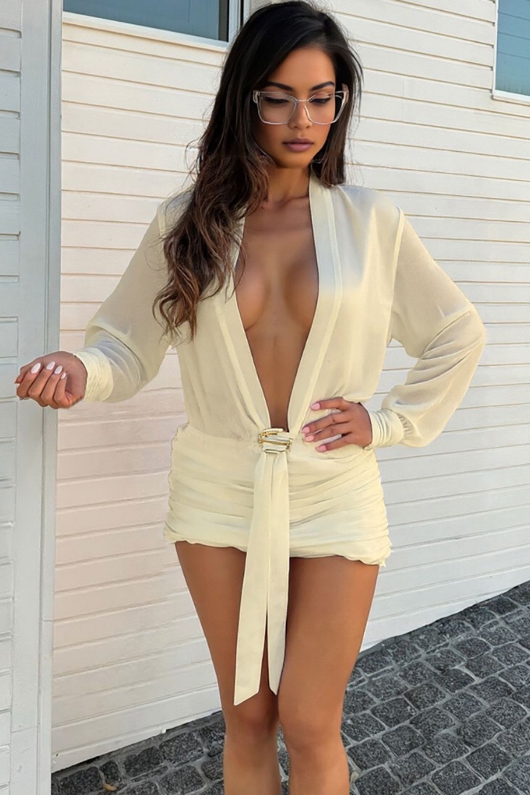 Sexy Deep V Neck Pleated Hip Long Sleeve Shirt Dress