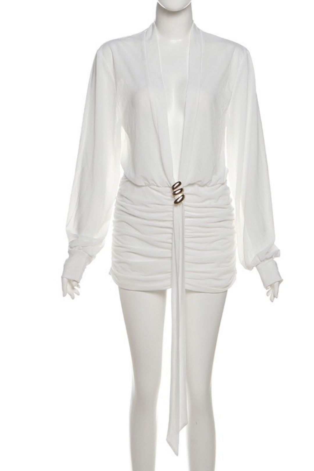 Sexy Deep V Neck Pleated Hip Long Sleeve Shirt Dress