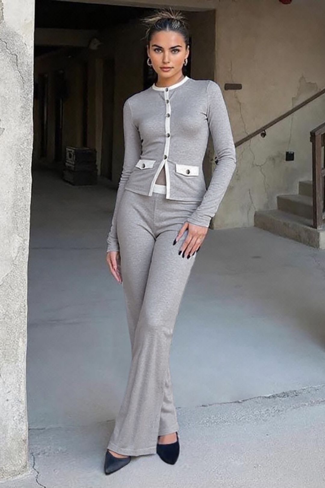 Cardigan Long Sleeve High Waist Slim Trousers Suit