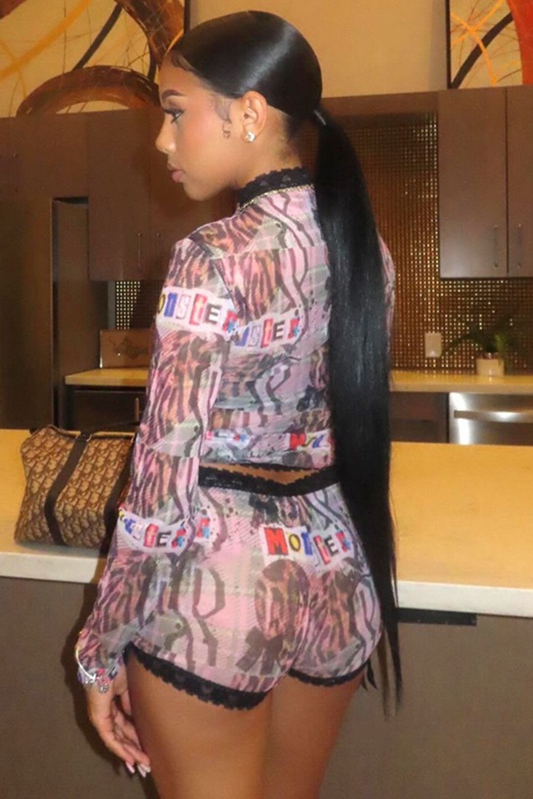 Graffiti Print Lace Lace Round Neck Short Set