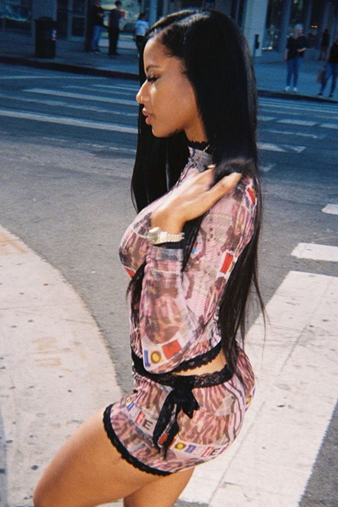 Graffiti Print Lace Lace Round Neck Short Set