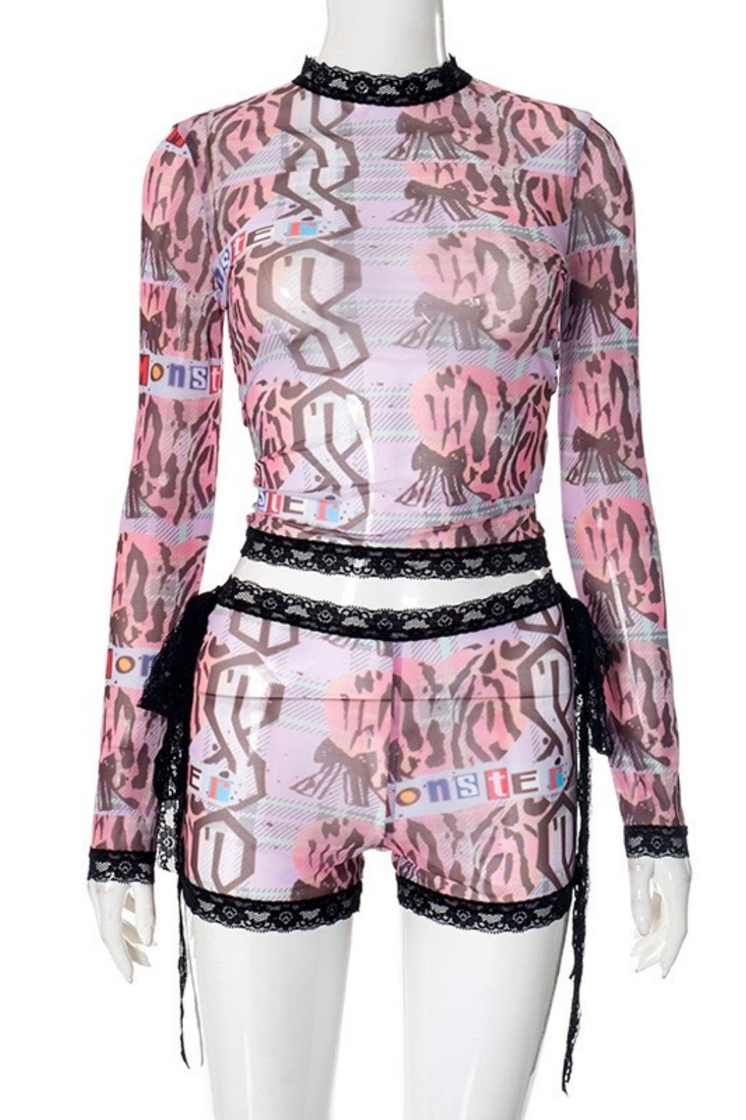 Graffiti Print Lace Lace Round Neck Short Set