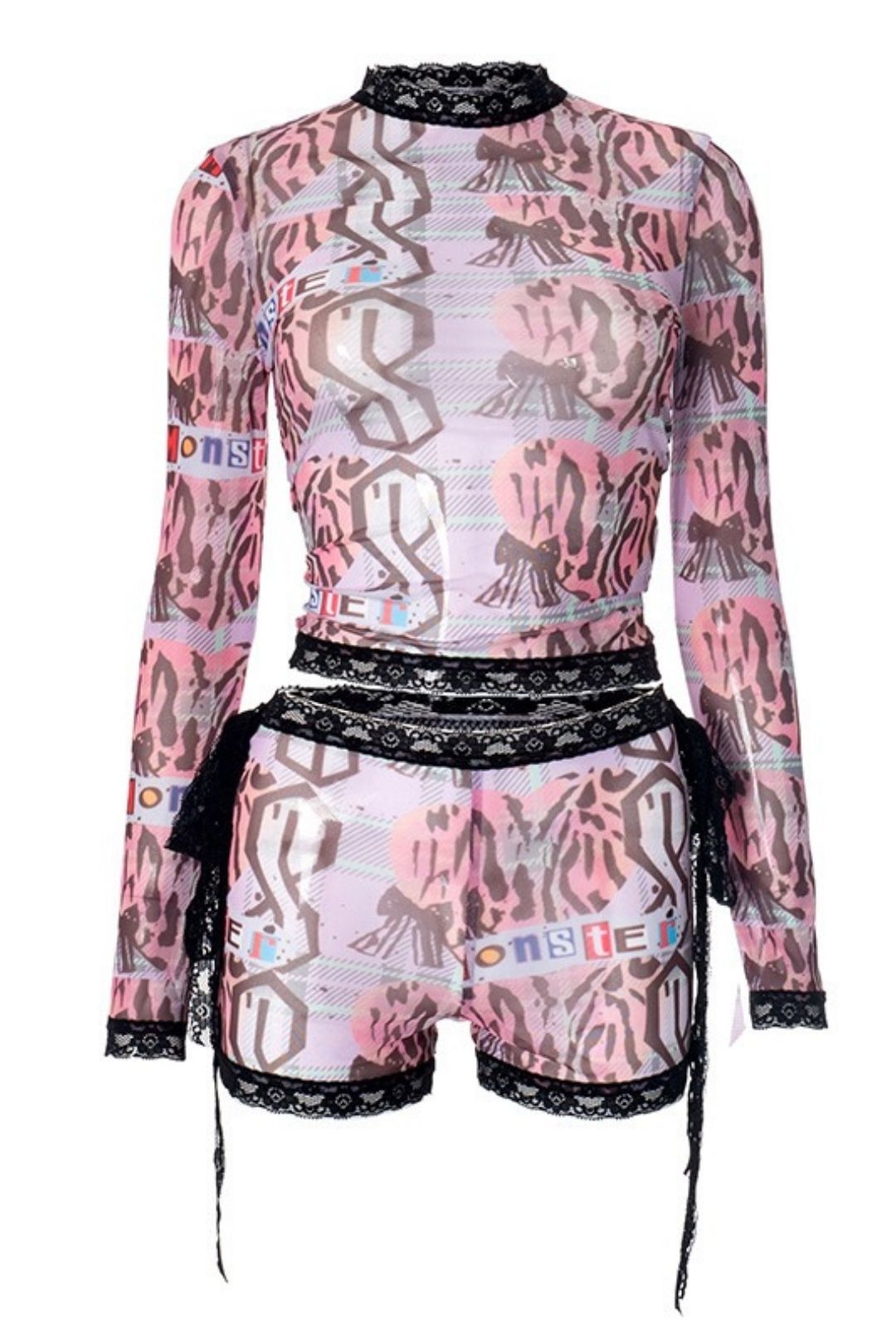 Graffiti Print Lace Lace Round Neck Short Set