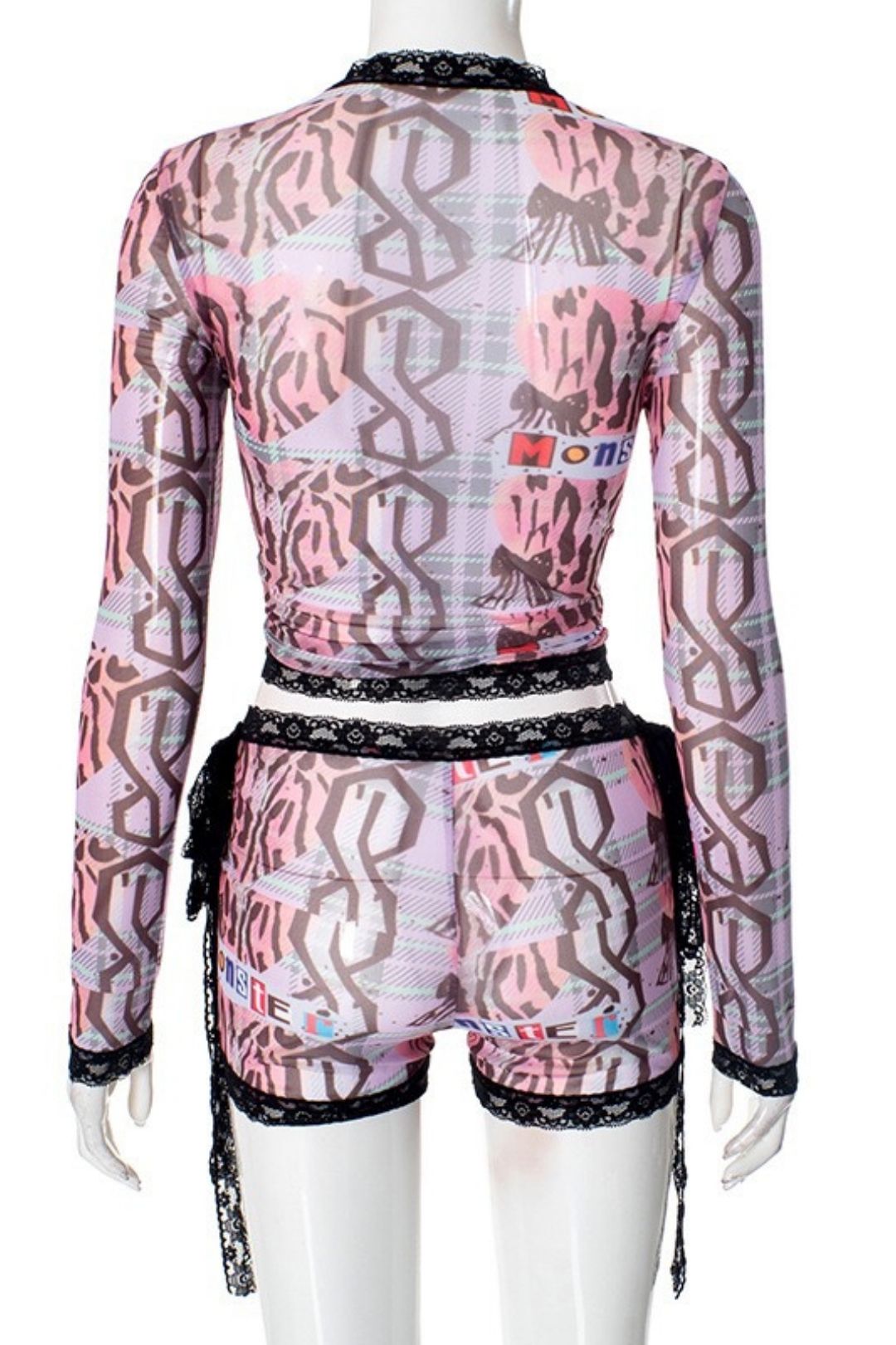 Graffiti Print Lace Lace Round Neck Short Set