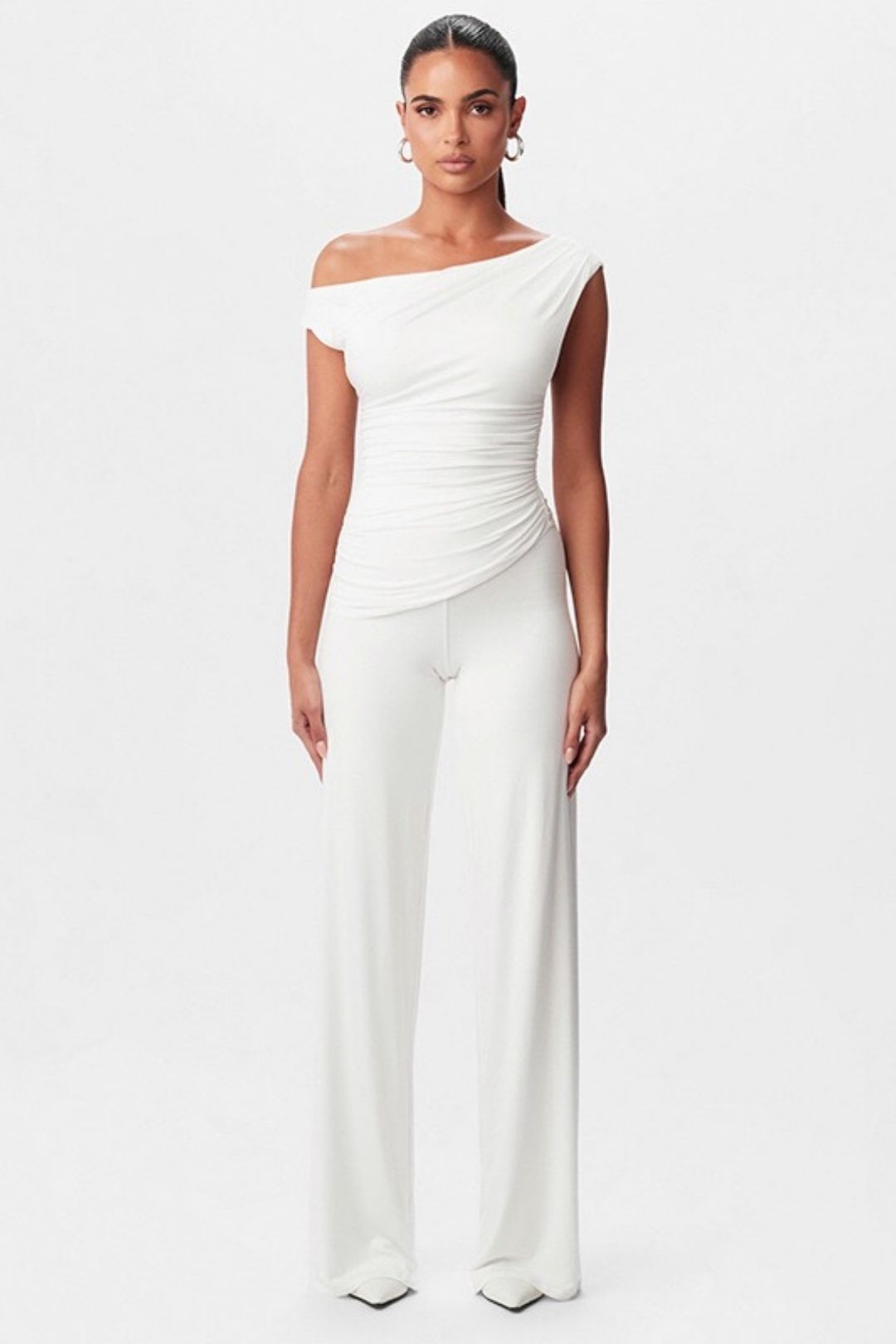 Diagonal Off-shoulder Hollow Pleated Pant Set