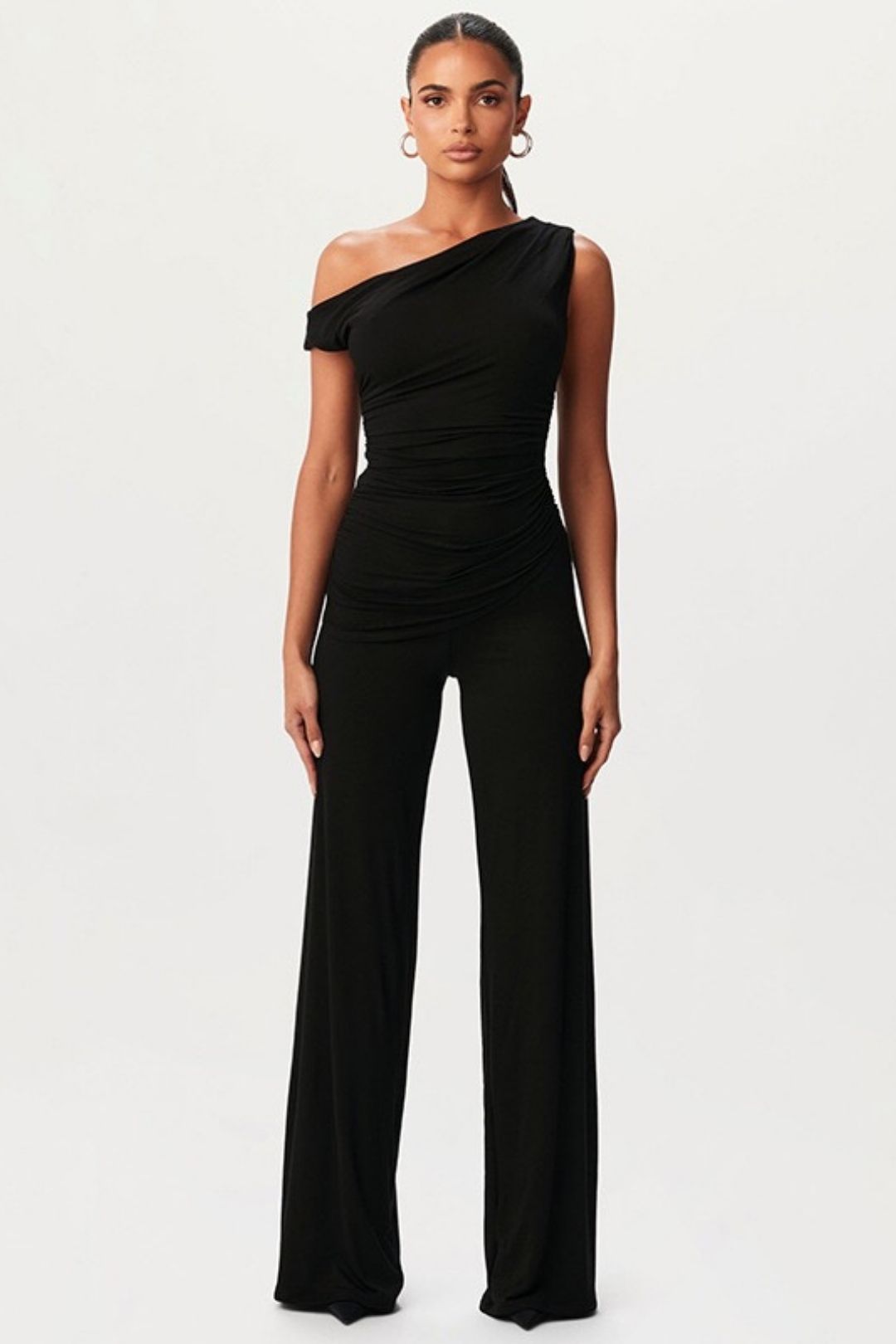 Diagonal Off-shoulder Hollow Pleated Pant Set