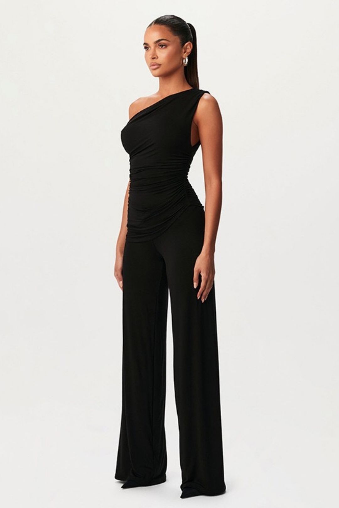 Diagonal Off-shoulder Hollow Pleated Pant Set