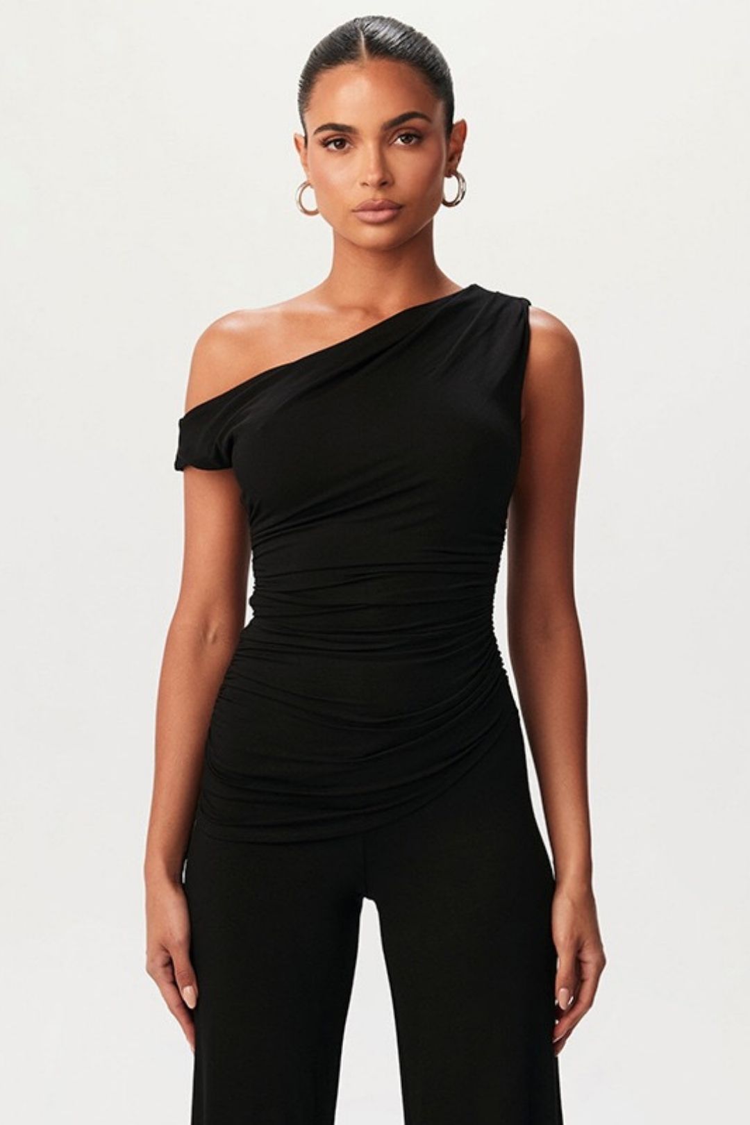 Diagonal Off-shoulder Hollow Pleated Pant Set