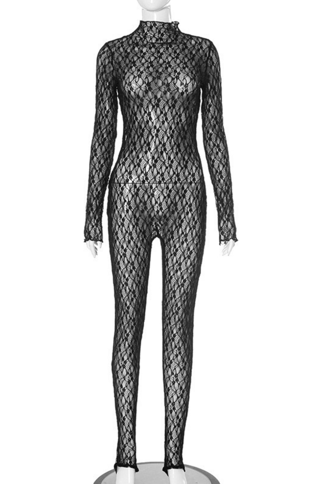 Sexy Hollow Perspective Fishnet Stockings Zipper Jumpsuit