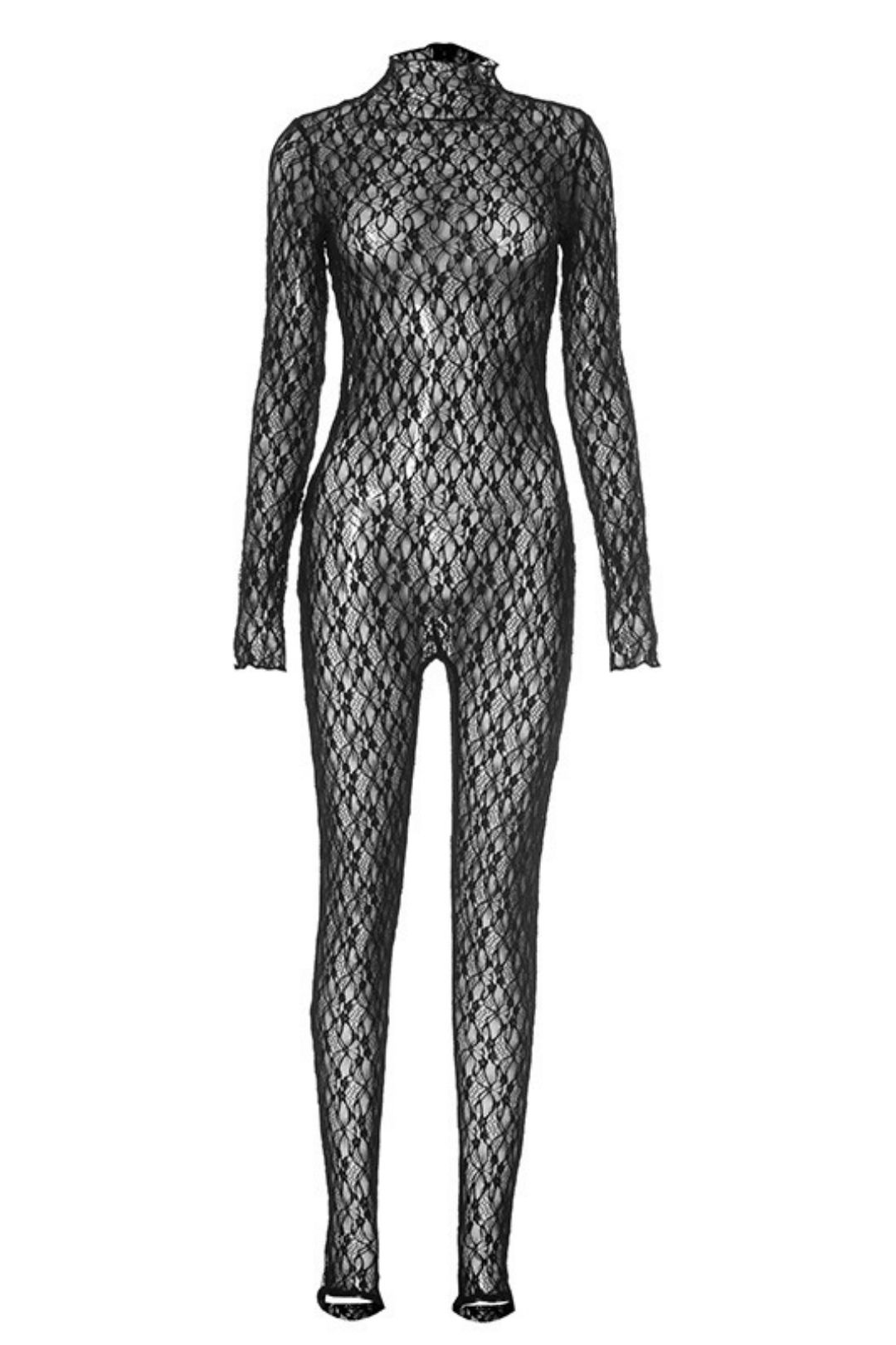 Sexy Hollow Perspective Fishnet Stockings Zipper Jumpsuit