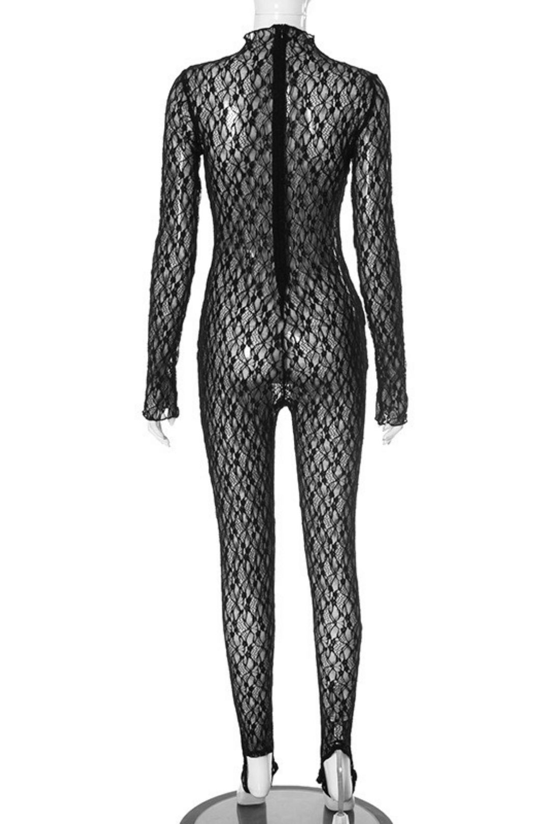 Sexy Hollow Perspective Fishnet Stockings Zipper Jumpsuit