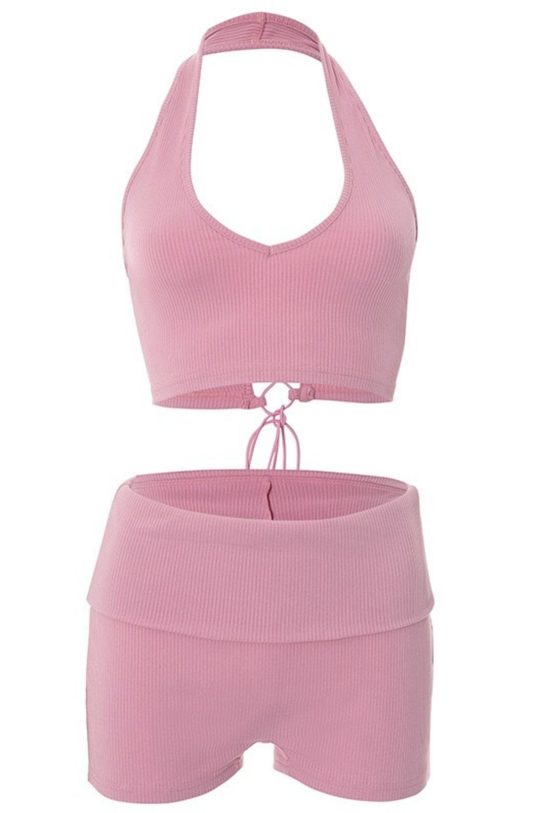 Threaded Halter Neck Hollow Rope Vest Folded High Waist Short Suit