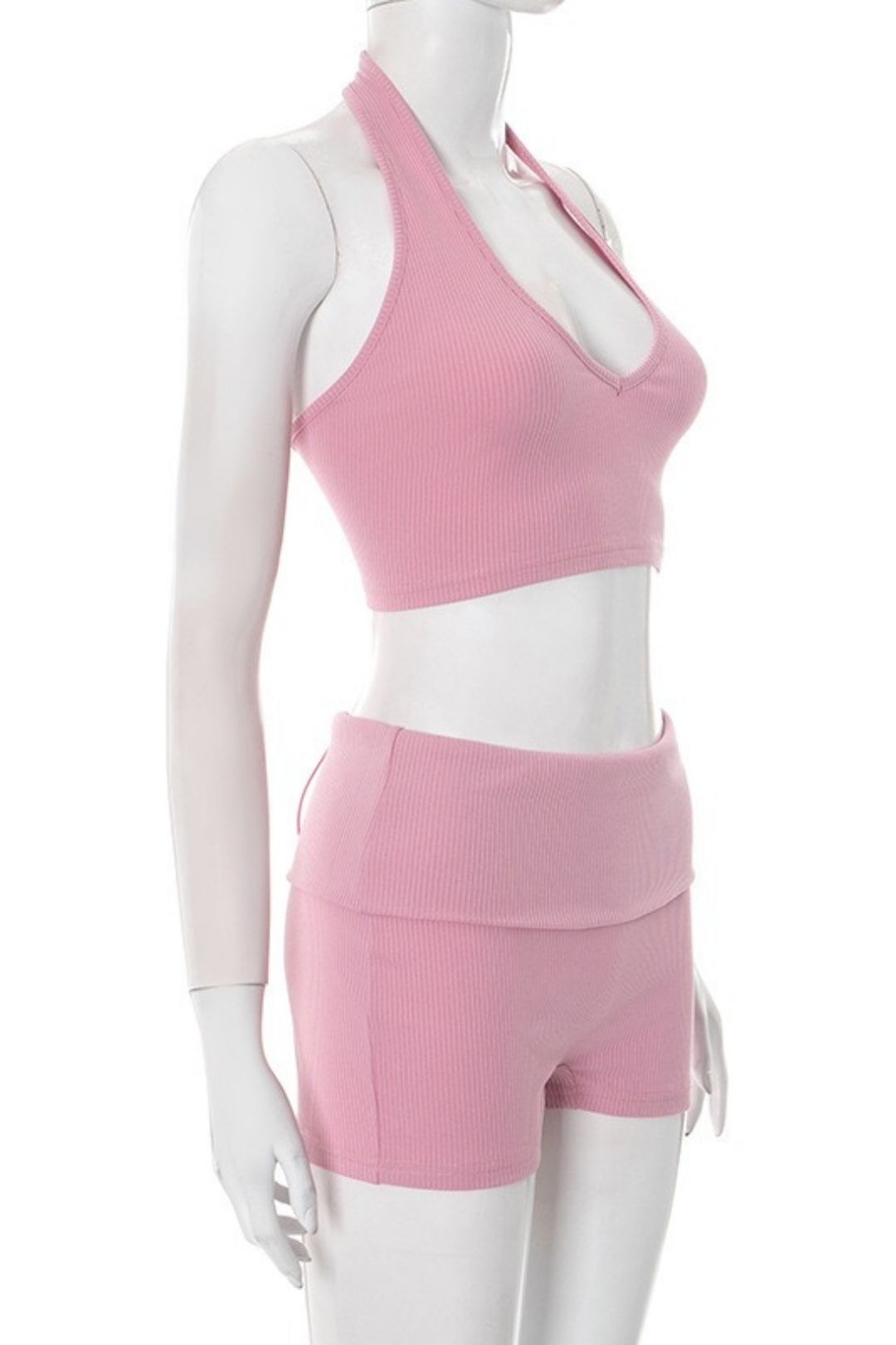 Threaded Halter Neck Hollow Rope Vest Folded High Waist Short Suit