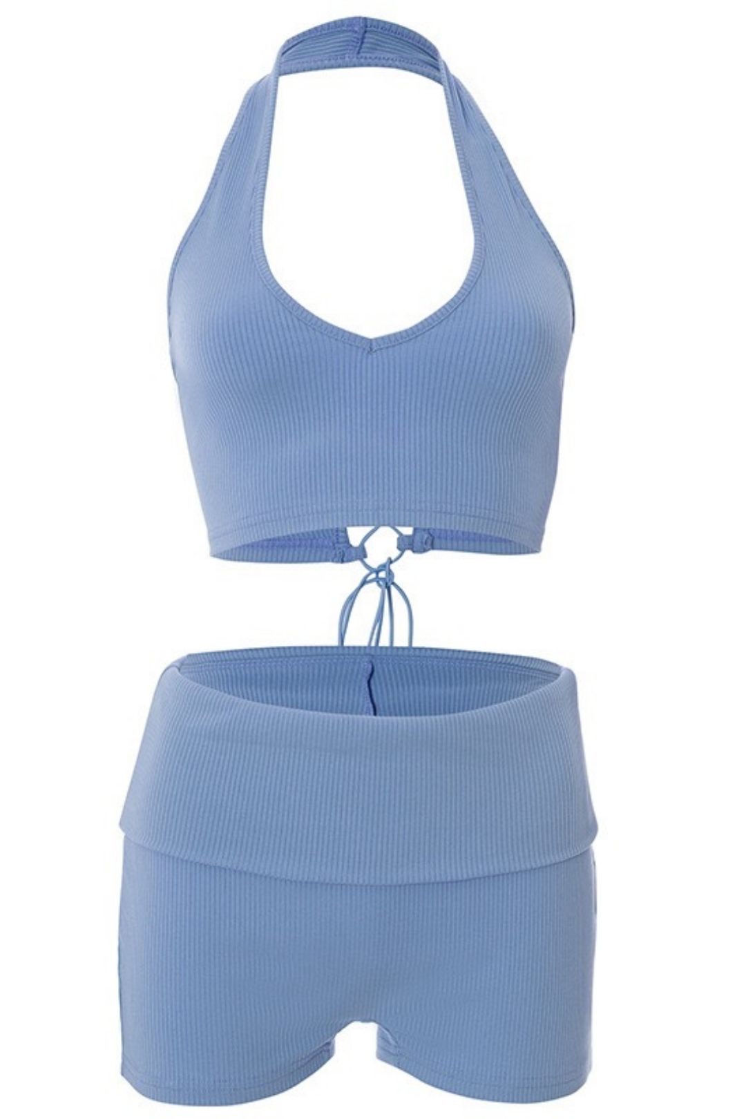 Threaded Halter Neck Hollow Rope Vest Folded High Waist Short Suit