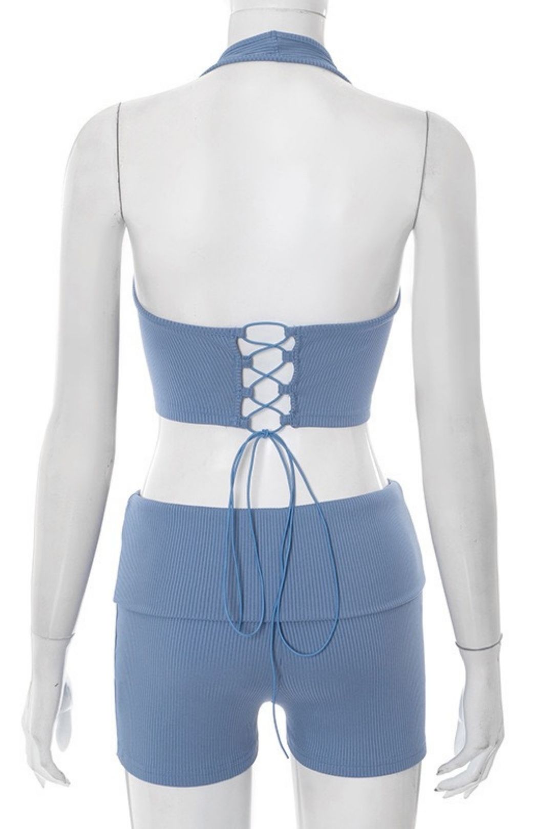 Threaded Halter Neck Hollow Rope Vest Folded High Waist Short Suit