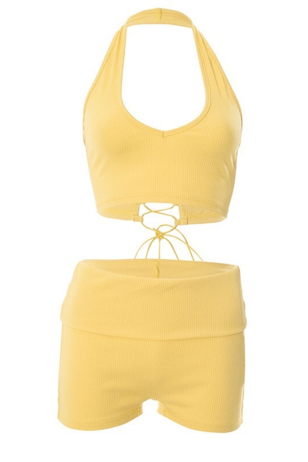 Threaded Halter Neck Hollow Rope Vest Folded High Waist Short Suit