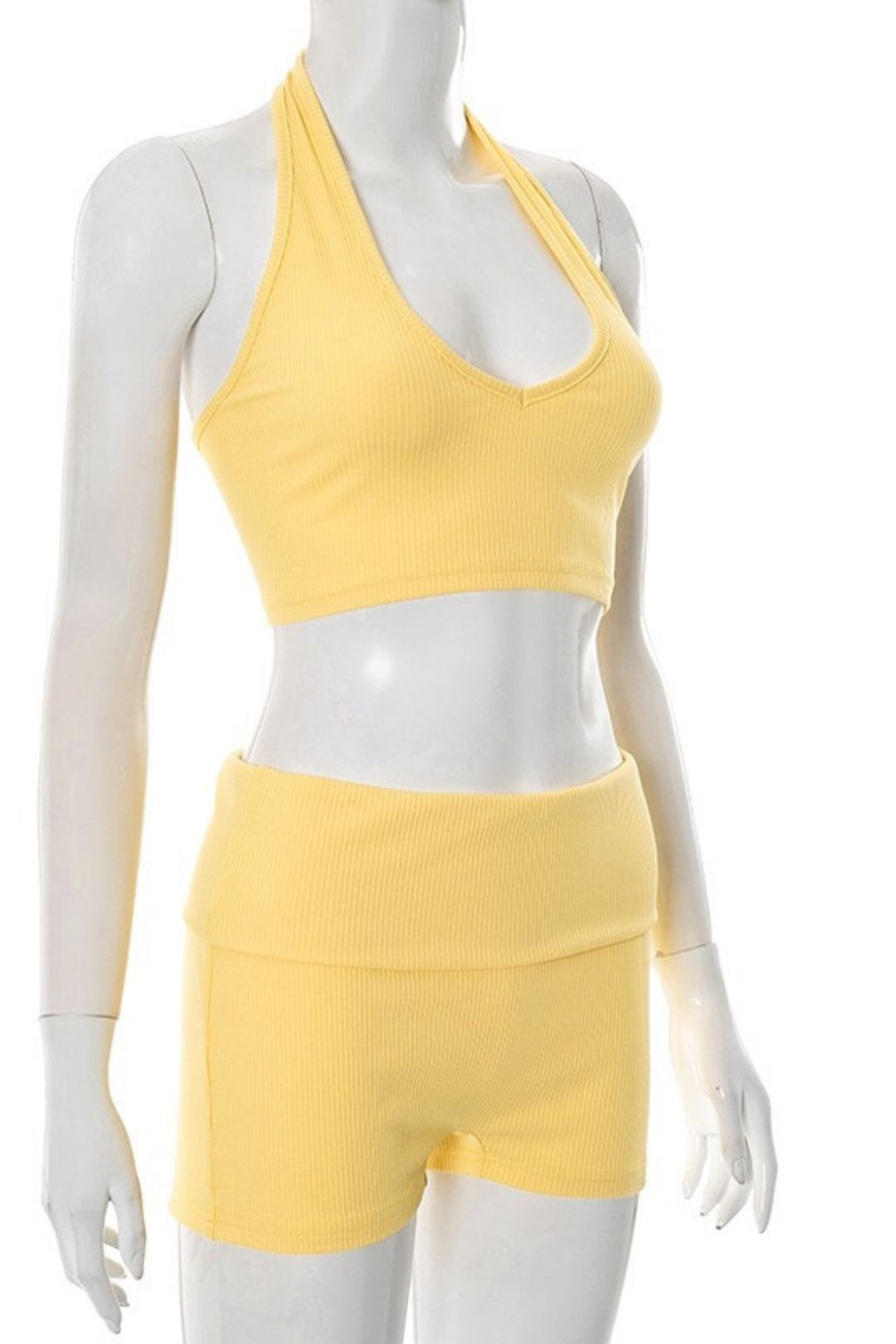 Threaded Halter Neck Hollow Rope Vest Folded High Waist Short Suit