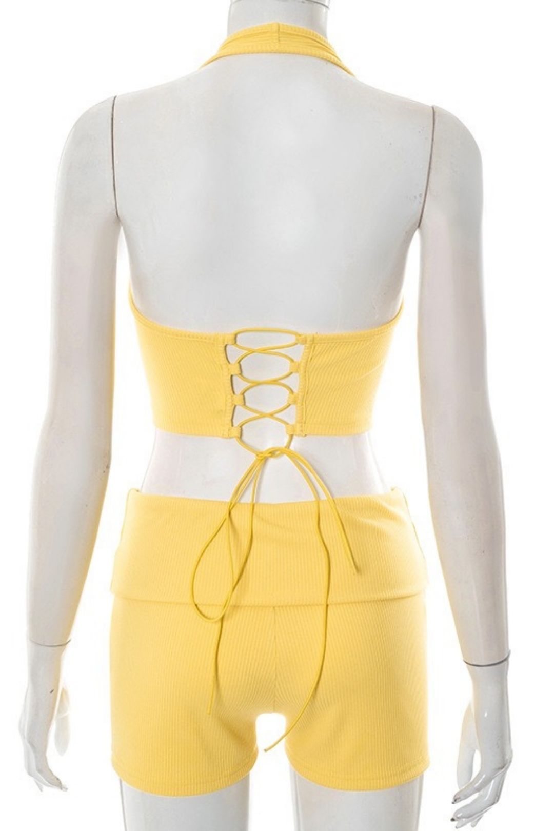 Threaded Halter Neck Hollow Rope Vest Folded High Waist Short Suit