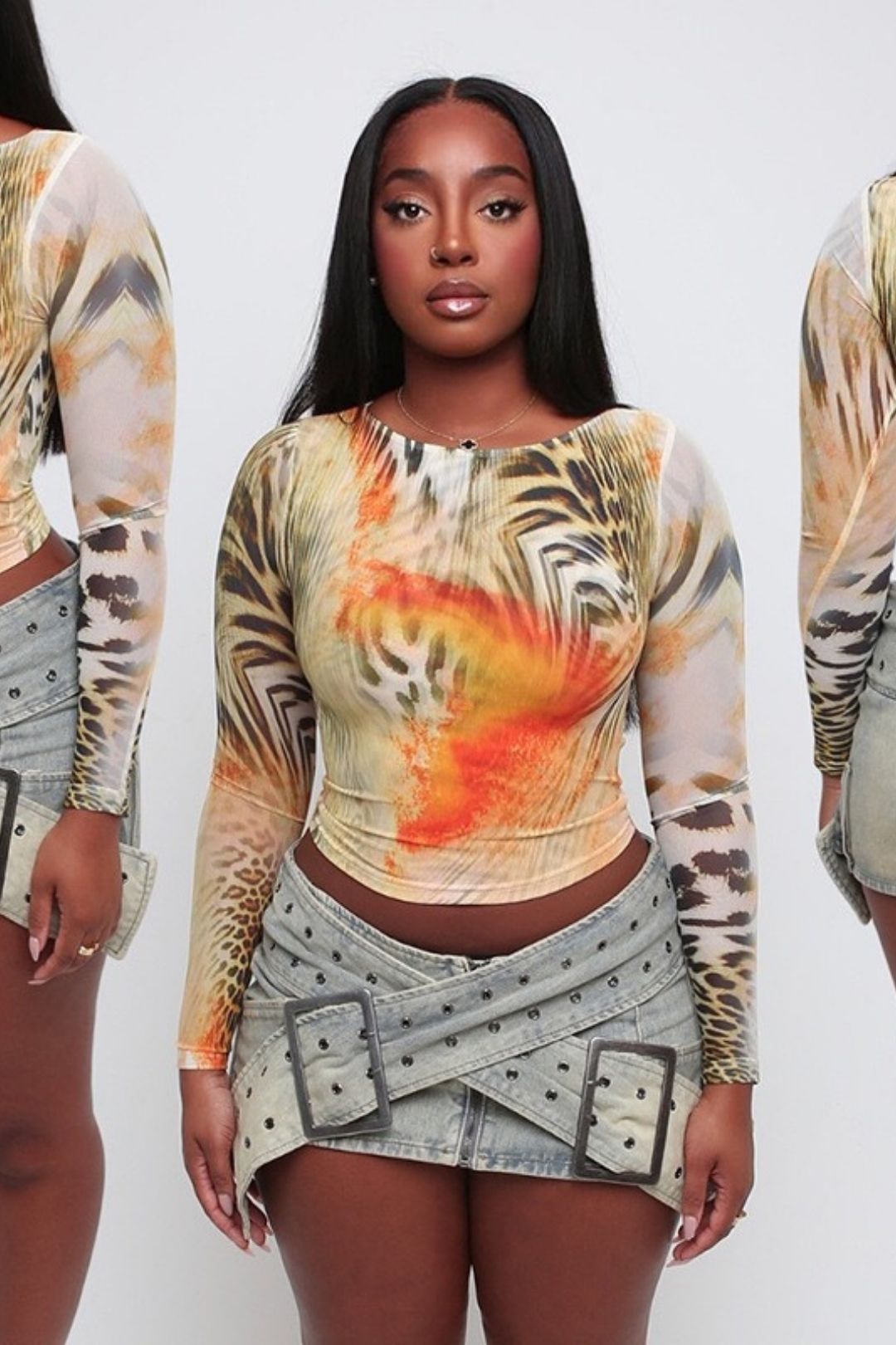 Retro Printed Round Neck Long-sleeved Top