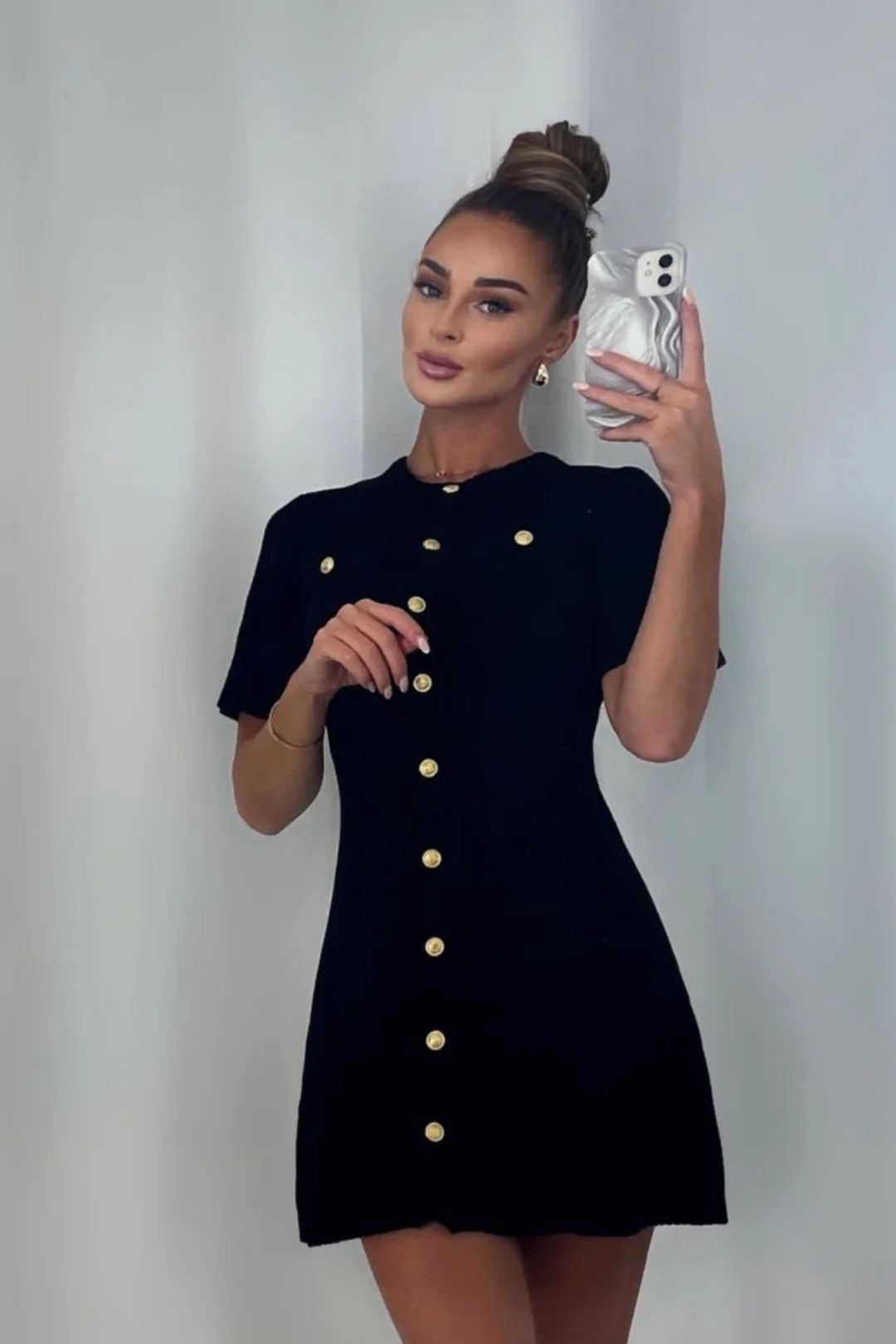 Short-sleeved Button-down Woolen Dress