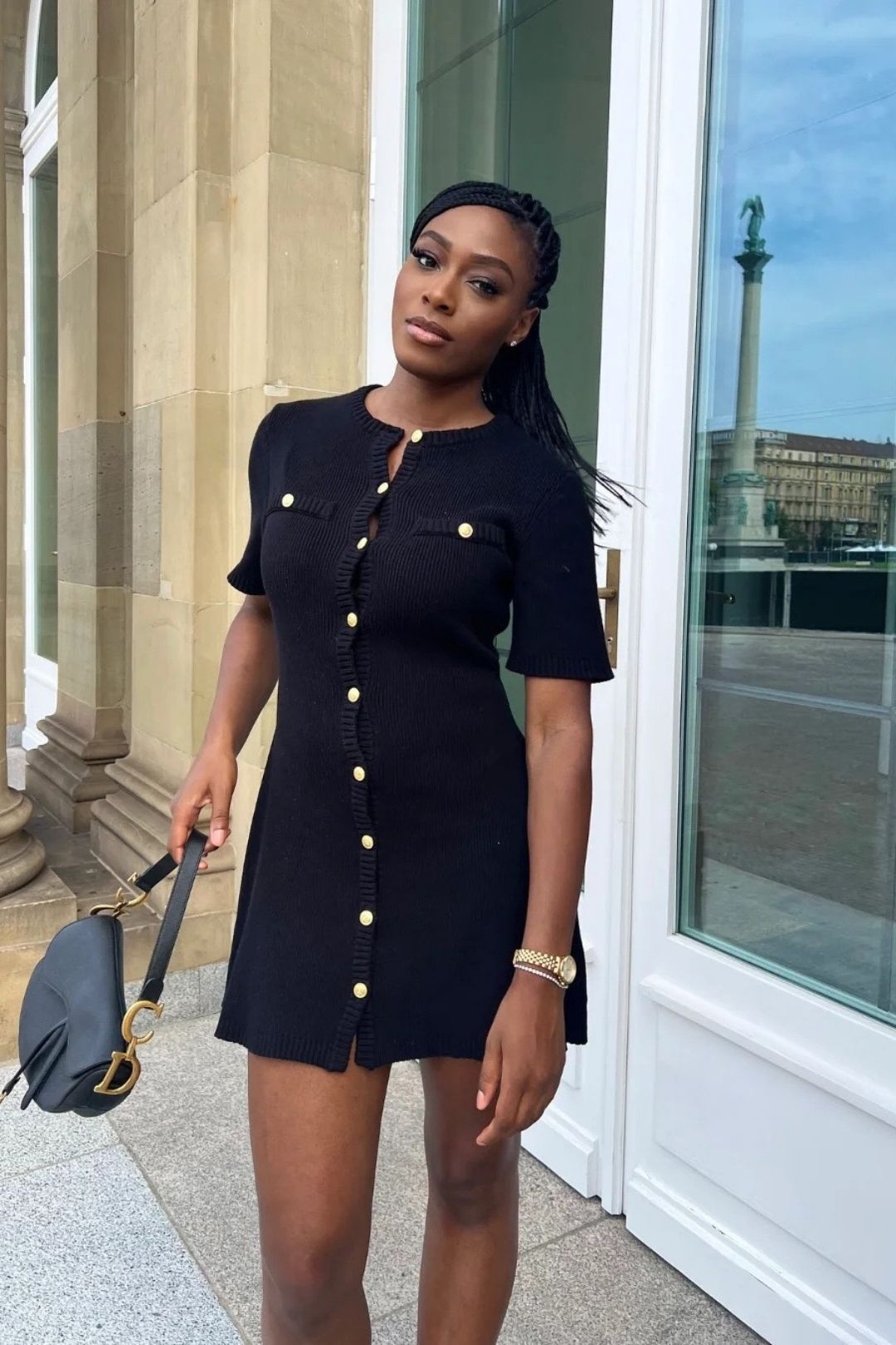 Short-sleeved Button-down Woolen Dress