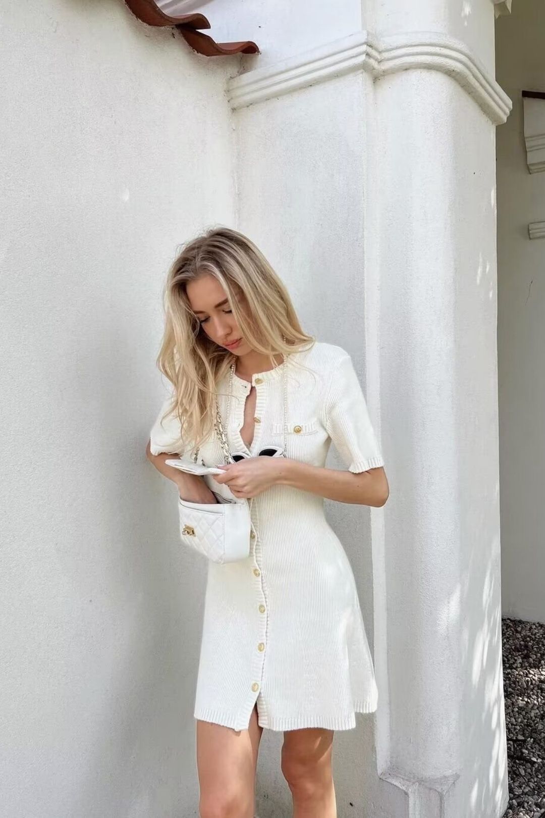 Short-sleeved Button-down Woolen Dress