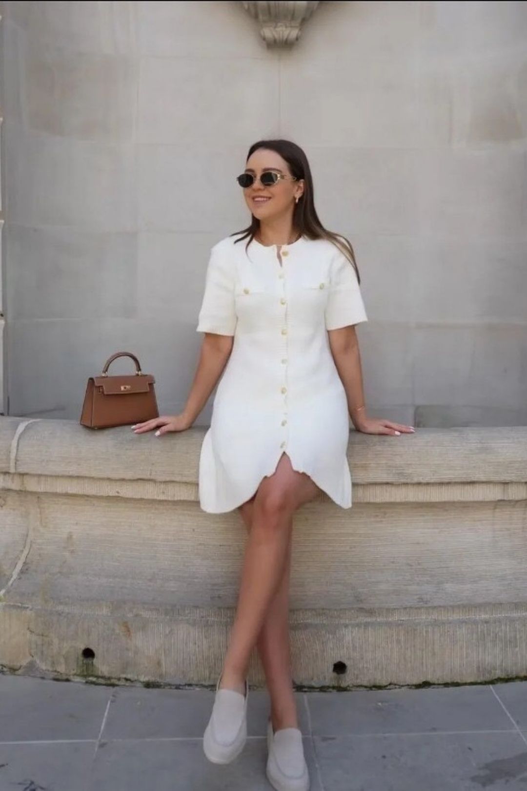 Short-sleeved Button-down Woolen Dress