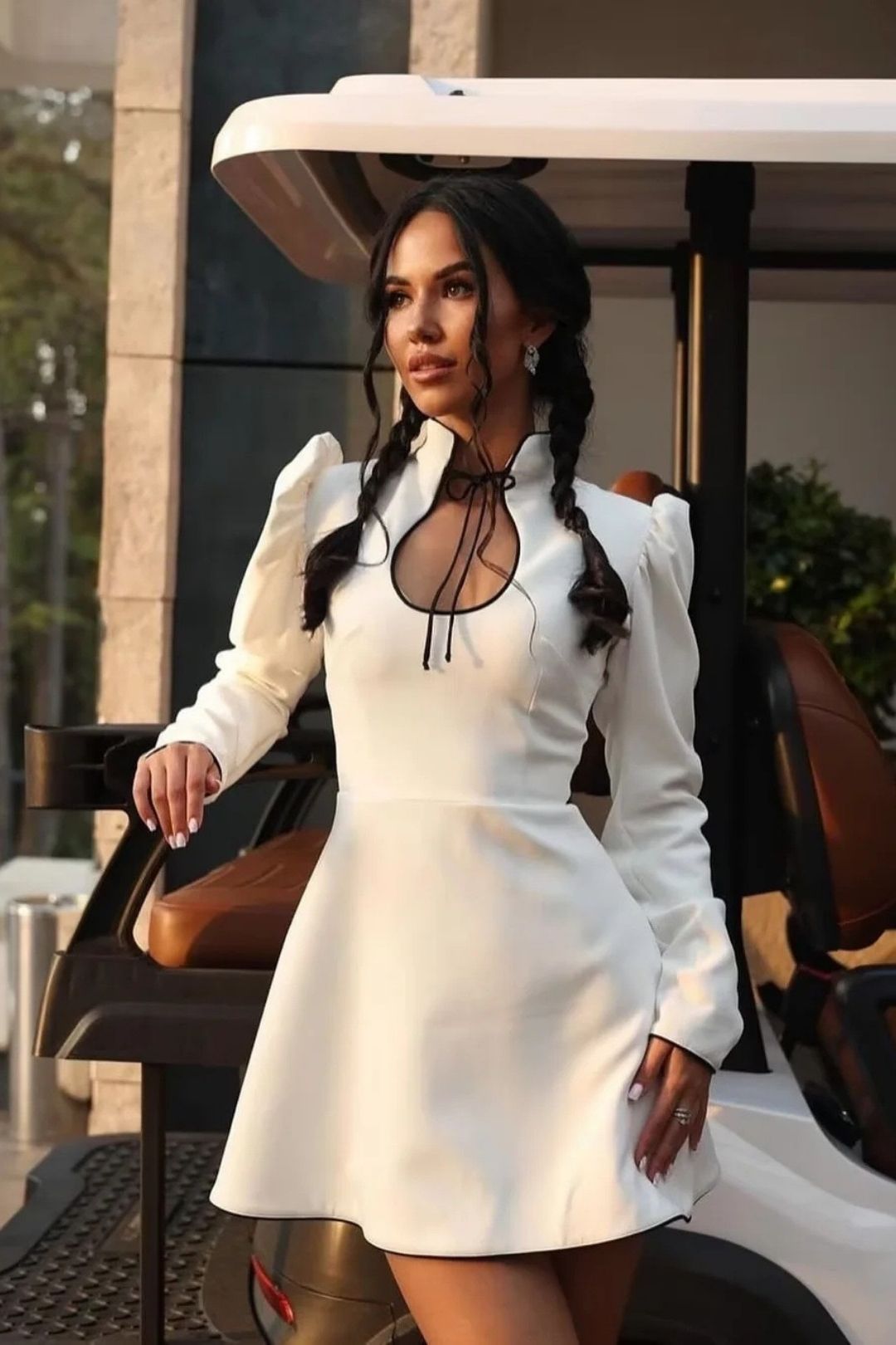 Fashionable Long-sleeved Stand-collar Tie Dress