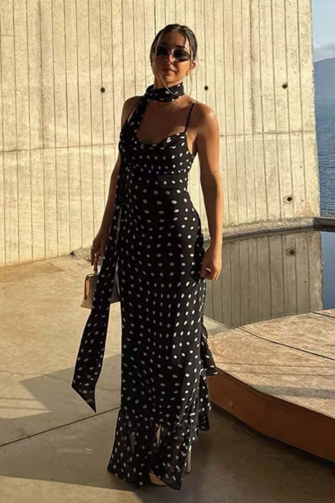 Hottest Polka Dot Scarf-trimmed Dress With Ruffles